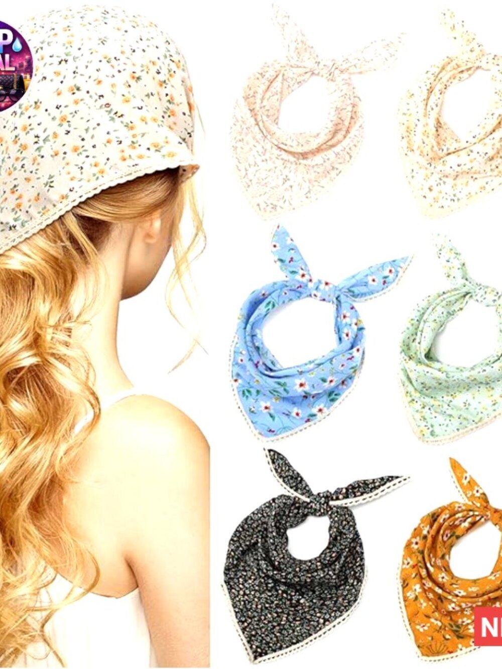 Chiffon Fabric Floral Hair Bandanas Head Kerchief Scarf with Ties